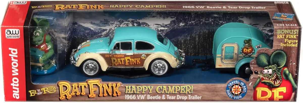 Auto World 1/24 Rat Fink 1966 Vw Beetle With Tear Drop Trailer 1