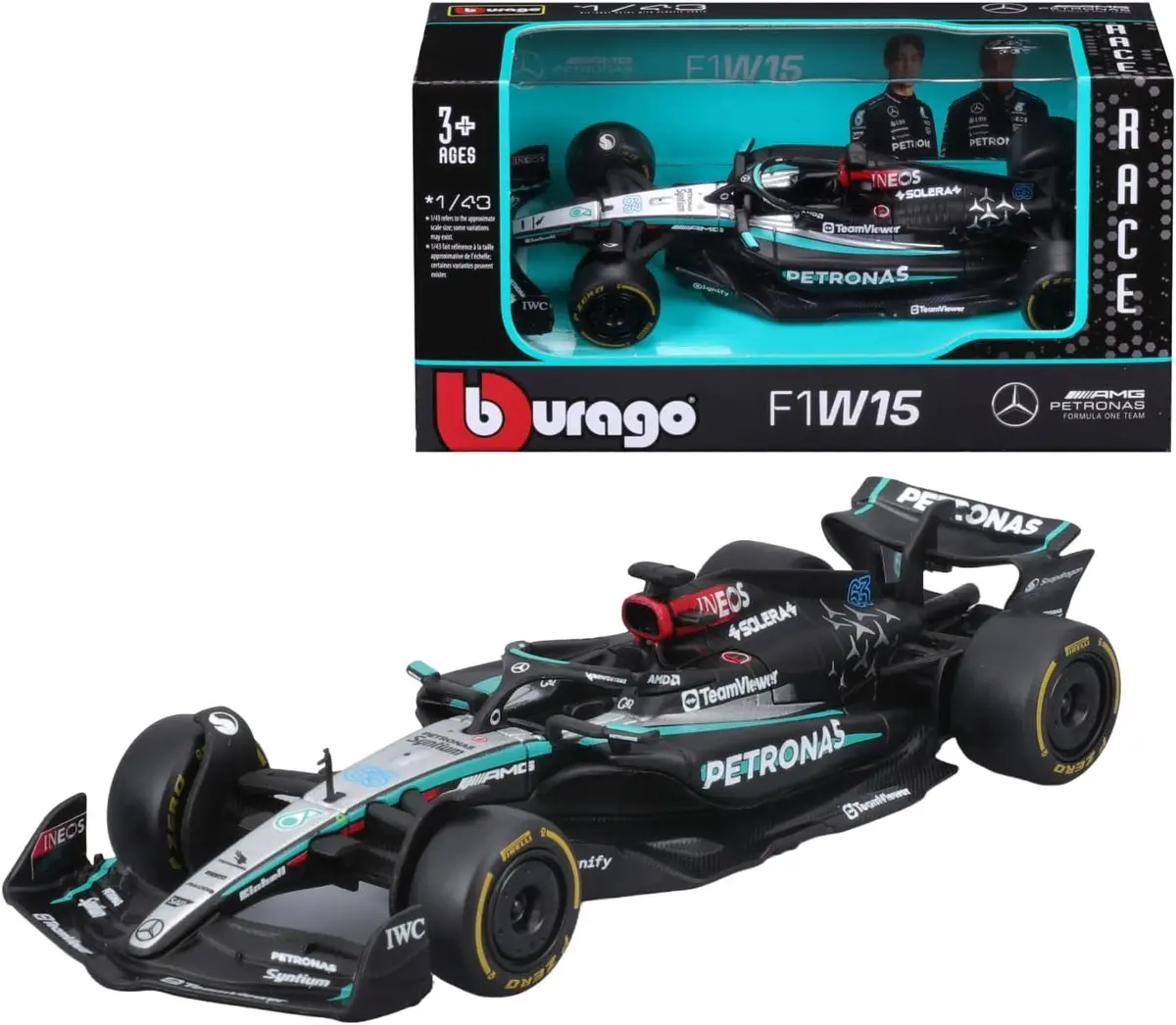 Bburago 1/43 Scale Formula 1 Mercedes-Amg Petronas F1 W15 Team (2024) 1