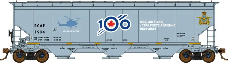 North American Railcar -  N Scale - 3 Bay Hopper -  Royal Canadian Air Force (Rcaf)(Gray/White Lettering/ Blue/Red 100Th Anniversary Logo)(Special Features) - Single Car - Rcaf 1994 Bell Ch-148 Griffon 1