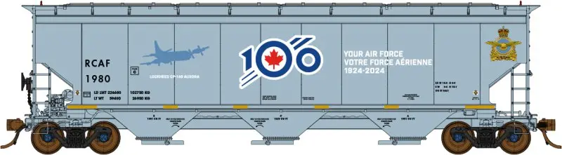 North American Railcar -  N Scale - 3 Bay Hopper -  Royal Canadian Air Force (Rcaf)(Gray/White Lettering/ Blue/Red 100Th Anniversary Logo)(Special Features) - Single Car - Rcaf 1980 Lockheed Cp-140 Aurora 1