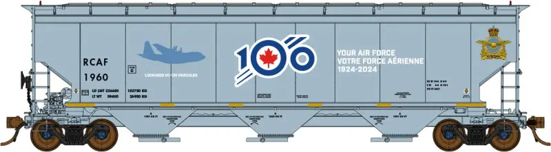 North American Railcar - N Scale - 3 Bay Hopper - Royal Canadian Air Force (Rcaf)(Gray/White Lettering/ Blue/Red 100Th Anniversary Logo)(Special Features) - Single Car - Rcaf 1960 Lockheed Cc-130 Hercules 1