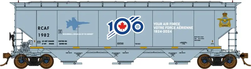 North American Railcar - N Scale - 3 Bay Hopper - Royal Canadian Air Force (Rcaf)(Gray/White Lettering/ Blue/Red 100Th Anniversary Logo)(Special Features) - Single Car - Rcaf 1982 Mcdonnell Douglas Cf-18 Hornet&Nbsp; 1