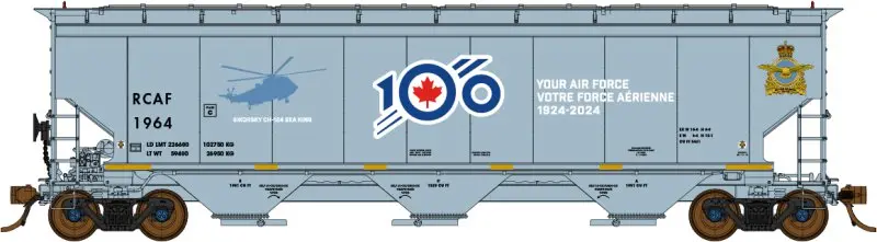 North American Railcar - N Scale - 3 Bay Hopper - Royal Canadian Air Force (Rcaf)(Gray/White Lettering/ Blue/Red 100Th Anniversary Logo)(Special Features) - Single Car - Rcaf 1964 Sikorsky Ch-124 Sea King 1
