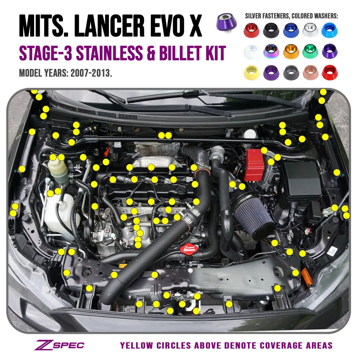 Zspec Stage-3 Dress Up Bolts® Fastener Kit For Mitsubishi Lancer Evo X 10, Stainless & Billet 1