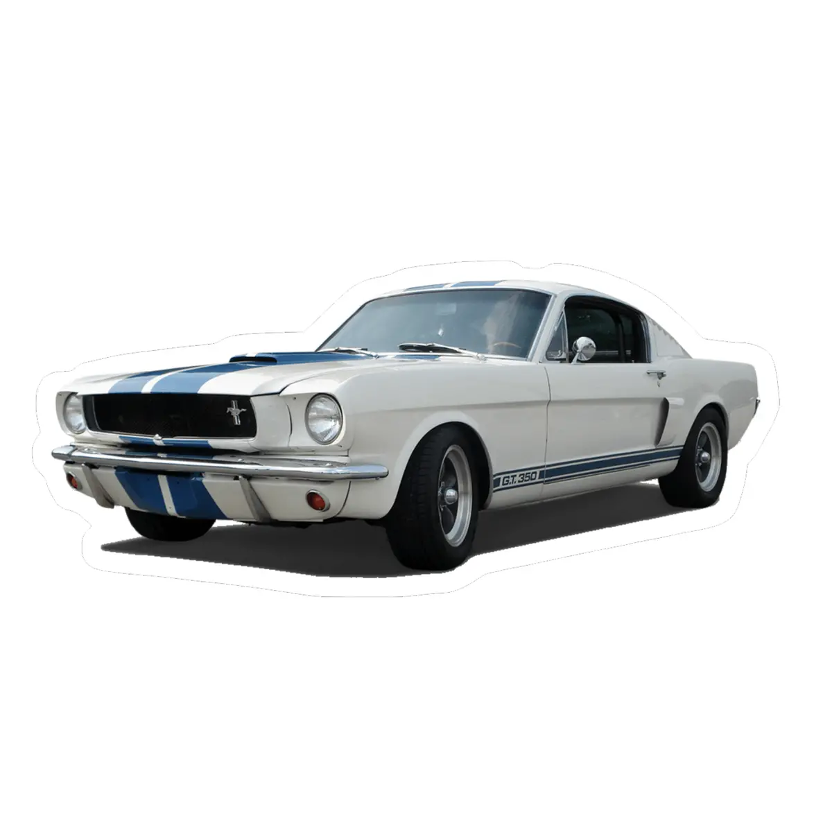 Ford Mustang Vintage-Model Vinyl Decal / Sticker, White-Blue Stripe 1