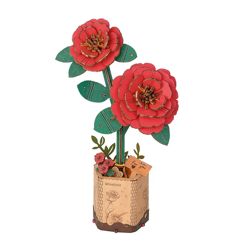 Rowood Diy Red Camellia 3D Wooden Puzzle 1
