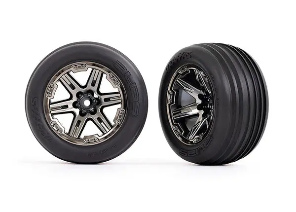 Rustler 2Wd 2.8" Front Ribbed Tires On Rxt Wheels, Black Chrome (2) 1