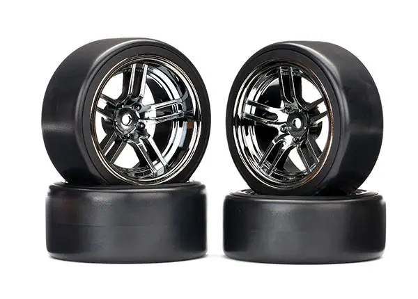 Traxxas 8378 Tires/Wheels Glued 1.9 Front&Rear Split-Spoke Drift Black Chrome 1