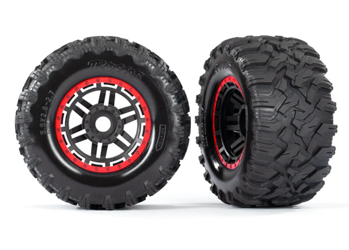 Maxx Mt Tires, Black/Red Beadlock Style Wheels 1
