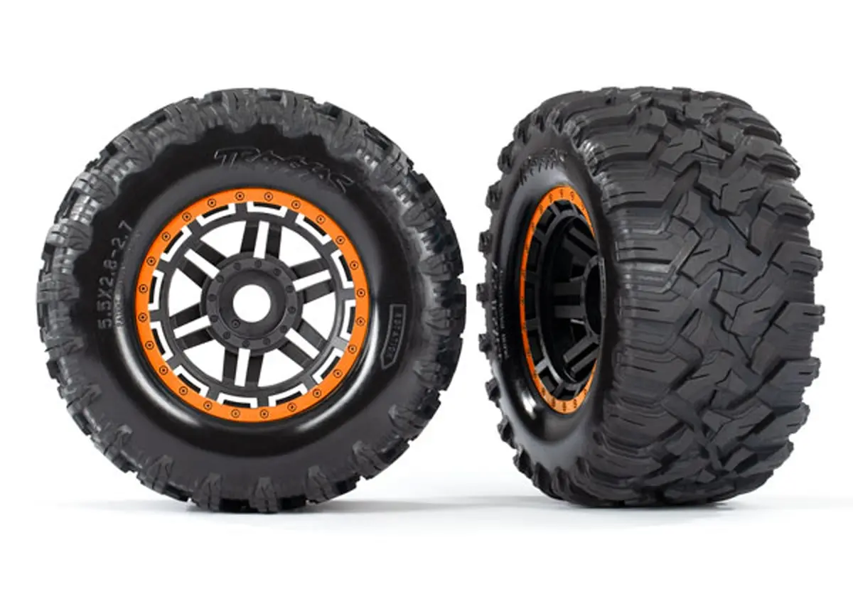 Maxx Mt Tires, Black/Orange Beadlock Style Wheels 1