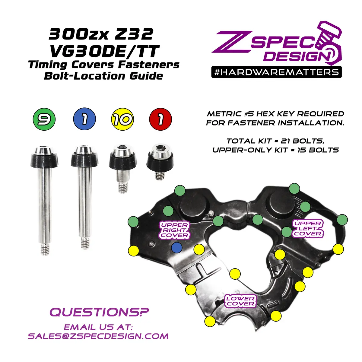 Zspec Shoulder-Bolt Timing Covers Fasteners, No Bushings, Nissan 300Zx Z32, Titanium 1