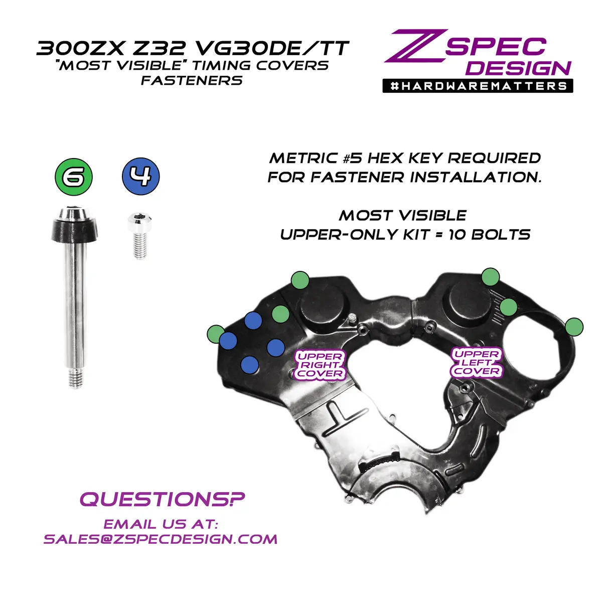 Zspec "Most Visible" (Top) Timing Covers Fasteners, Nissan 300Zx Z32, Titanium 1