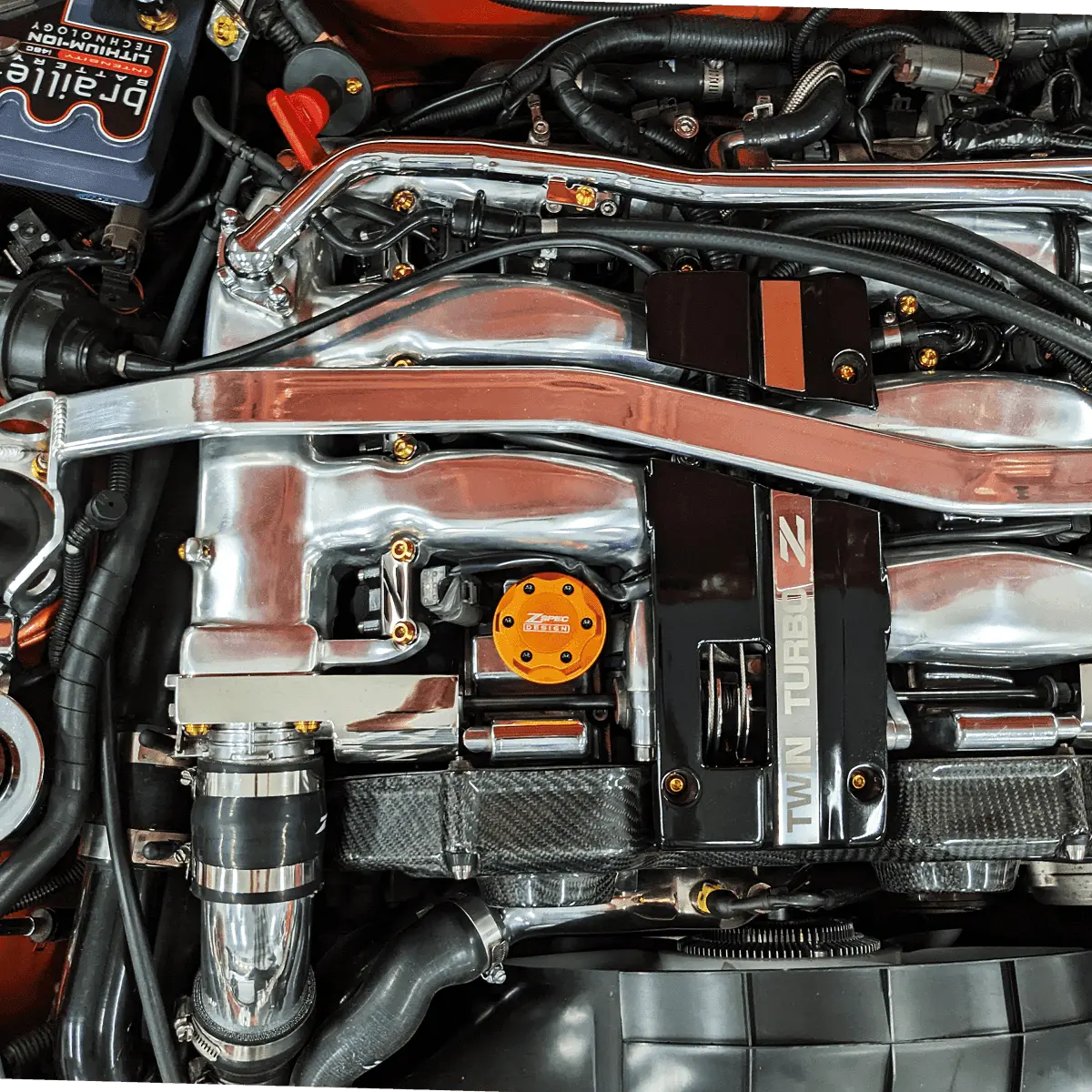Zspec Billet Oil Filler Cap For Nissan/Infiniti/Datsun, Orange-Gold Cap W/Titanium Accents 3