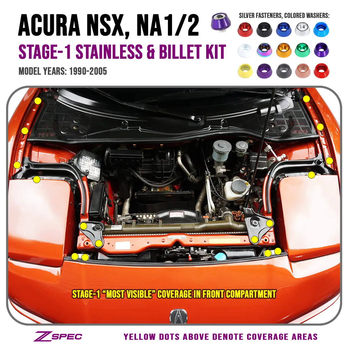 Zspec Stage-1 Dress Up Bolts® Fastener Kit For '90-05 Acura Nsx, Stainless & Billet 1