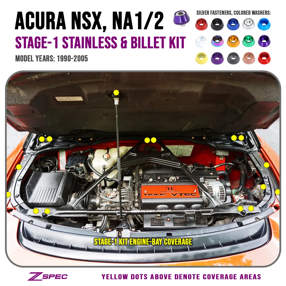 Zspec Stage-1 Dress Up Bolts® Fastener Kit For '90-05 Acura Nsx, Stainless & Billet 2
