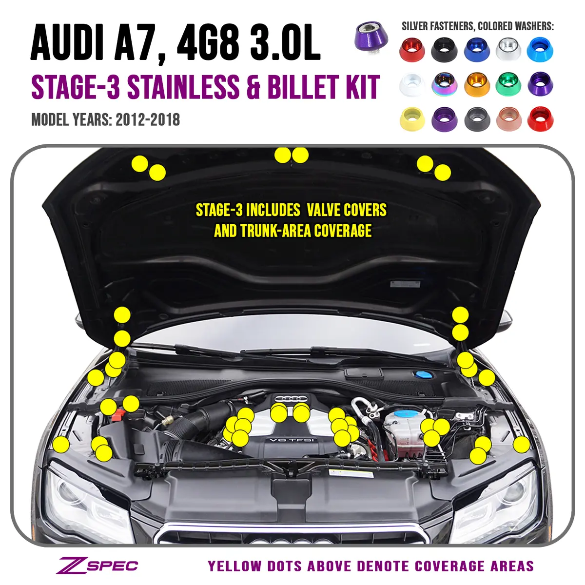Zspec Stage-3 Dress Up Bolts® Fastener Kit For '12-18 Audi A7 4G8 3.0L, Stainless & Billet 1