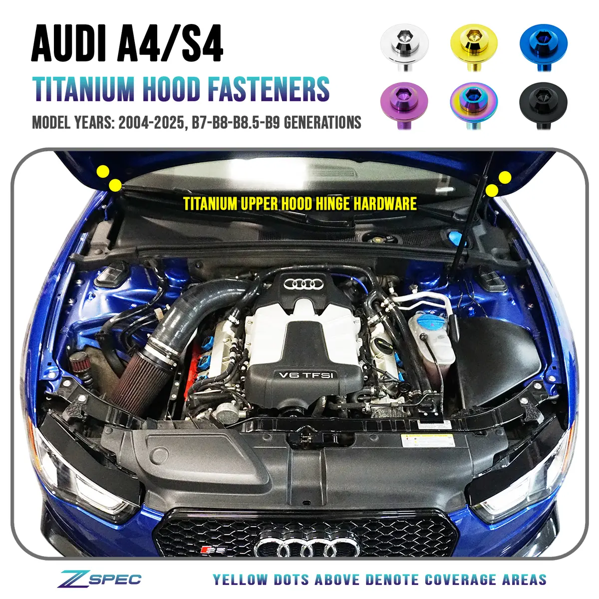 Zspec Hood-Hardware Kit For Audi A4/S4 B7/B8/B8.5/B9 Models, Titanium 1