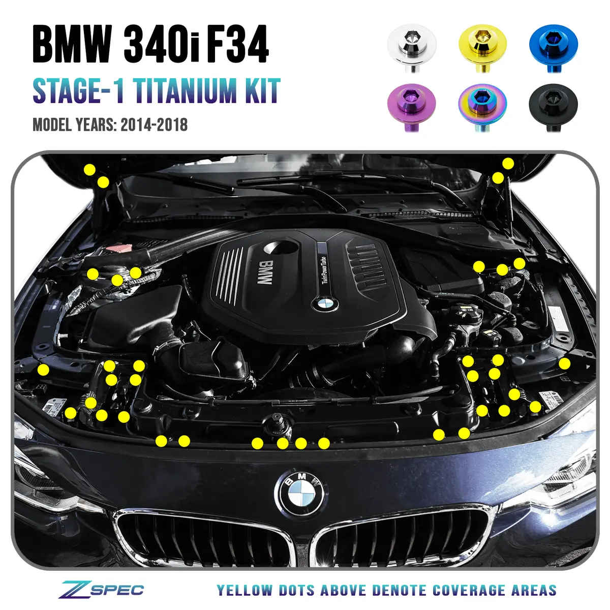 Zspec Stage-1 Dress Up Bolts® Fastener Kit For '14-18 Bmw 340I F34 3.0T, Titanium 1