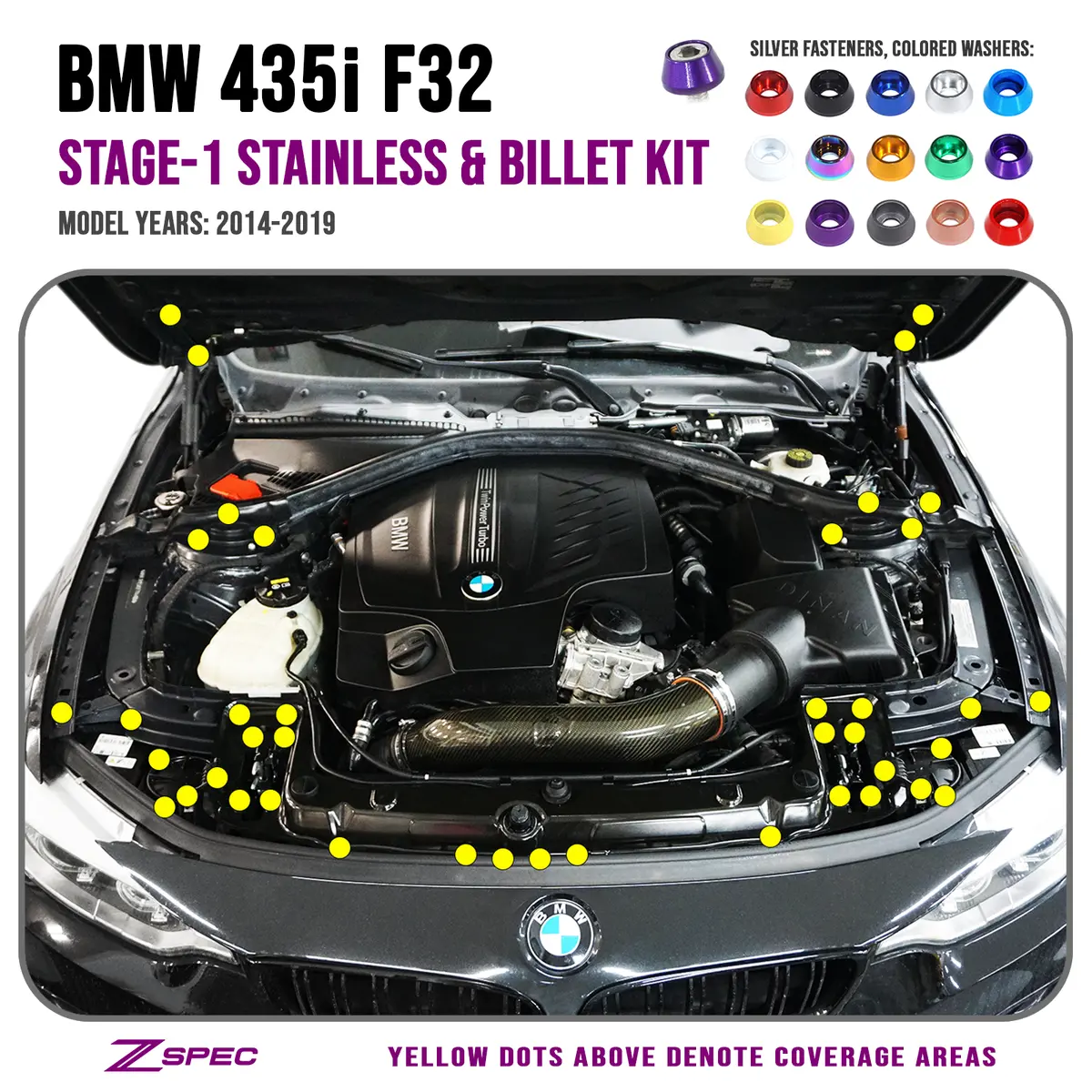 Zspec Stage-1 Dress Up Bolts® Fastener Kit For '14-19 Bmw 435I F32 3.0T, Stainless & Billet 1