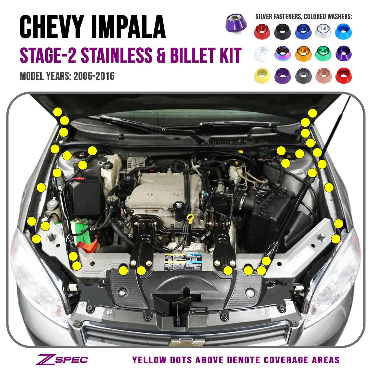 Zspec Stage-2 Dress Up Bolts® Fastener Kit For '06-16 Chevy Impala, Stainless & Billet 1