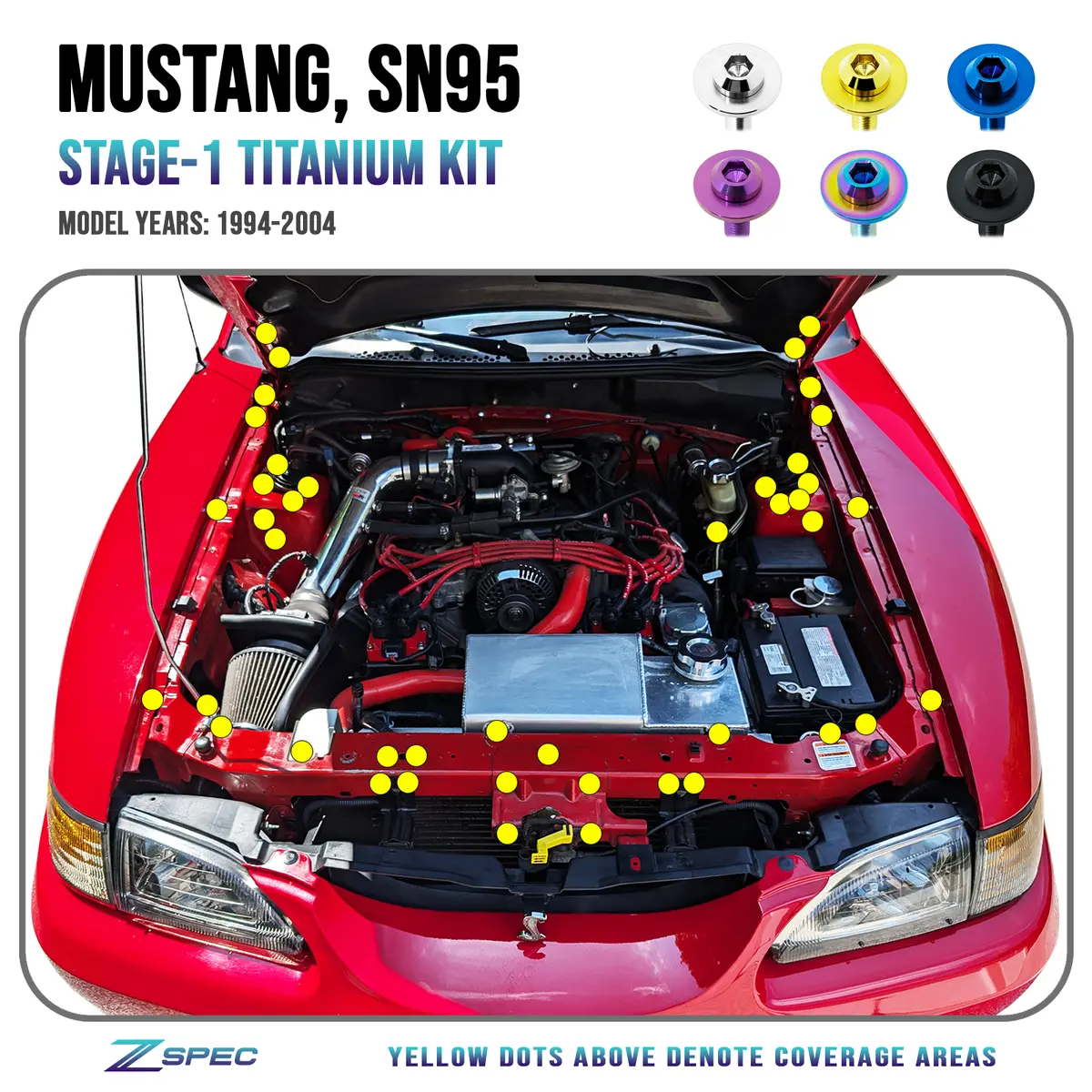 Zspec Stage-1 Dress Up Bolts® Fastener Kit For Ford Mustang Sn95 V8, Titanium 1