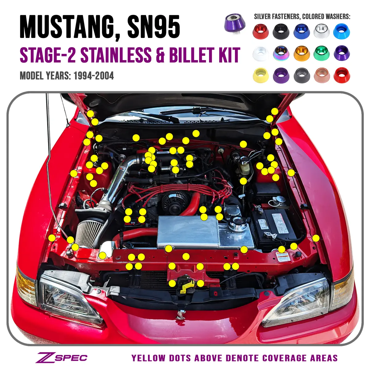 Zspec Stage-2 Dress Up Bolts® Fastener Kit For Ford Mustang Sn95 V8, Stainless & Billet 1