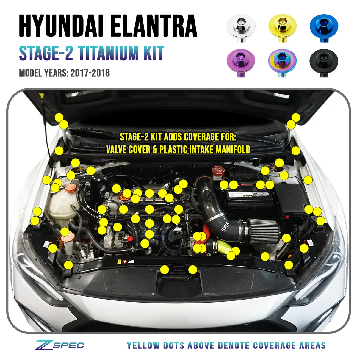 Zspec Stage-2 Dress Up Bolts® Fastener Kit For '17-18 Hyundai Elantra, Titanium 1