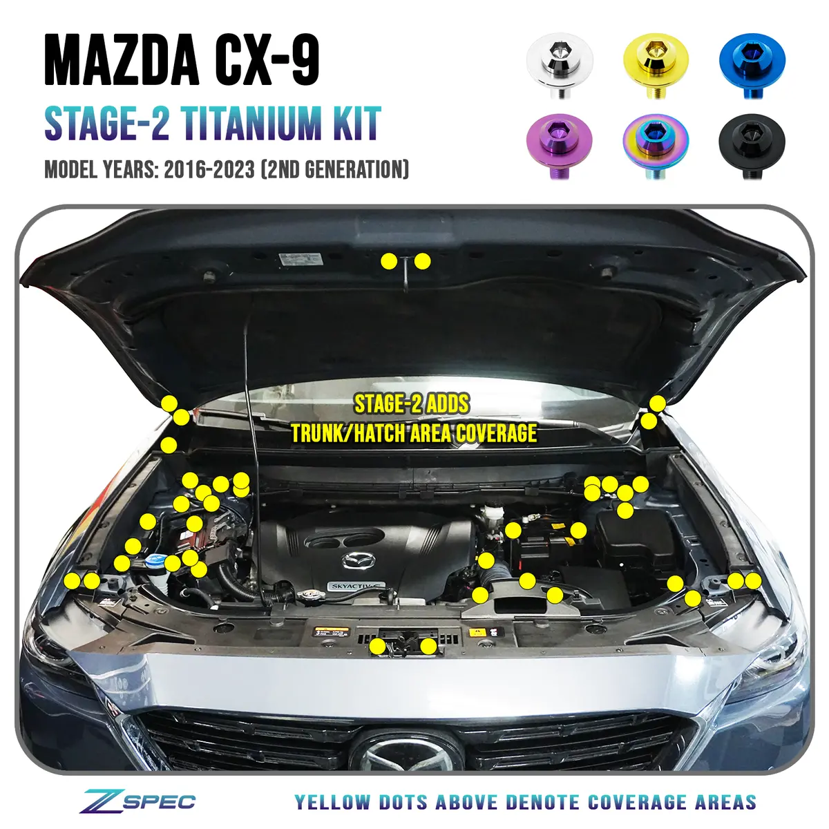 Zspec Stage-2 Dress Up Bolts® Fastener Kit For '16-23 Mazda Cx-9, Titanium 1