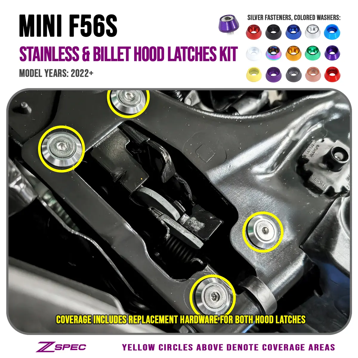 Zspec Hood Latches Fastener Kit, '22+ Mini Cooper F56s, Stainless & Billet 1