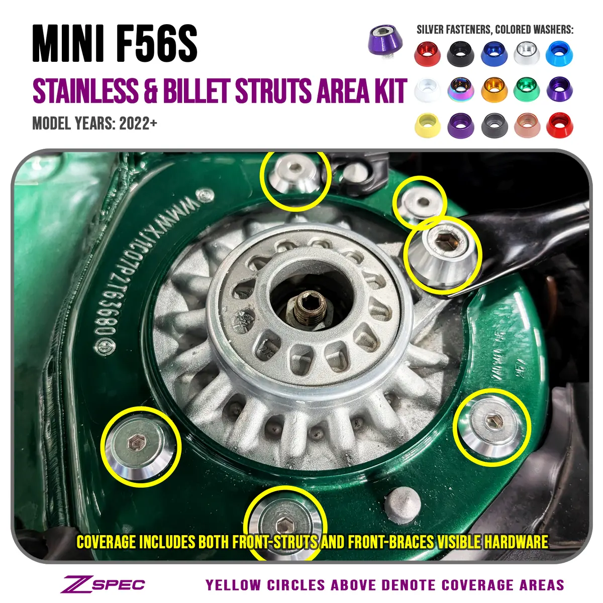 Zspec Struts & Strut-Braces Fasteners, '22+ Mini Cooper F56s, Stainless & Billet 1