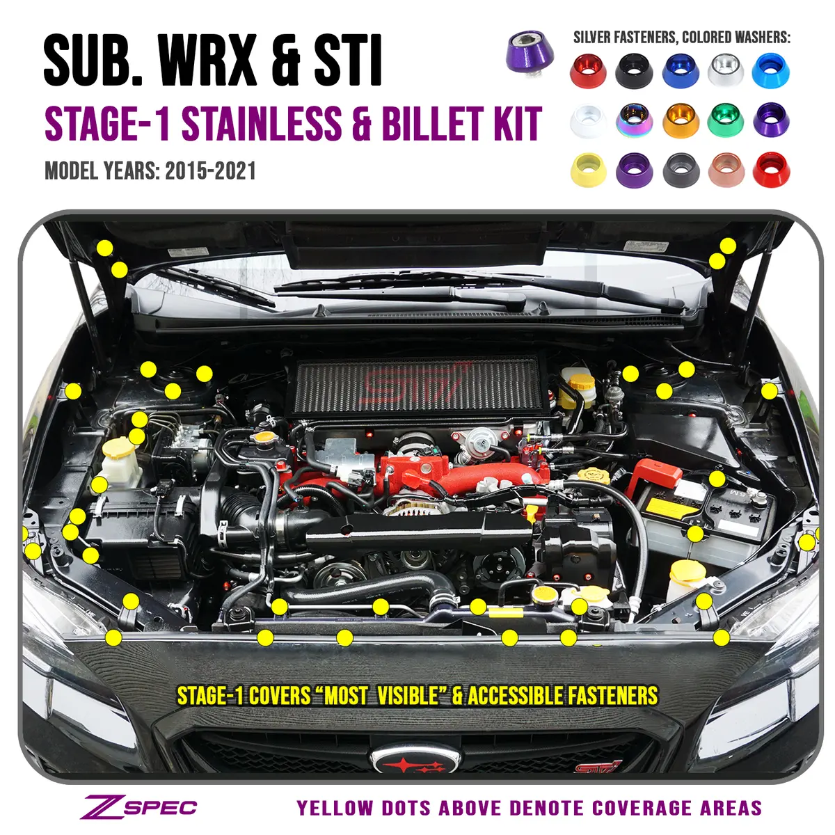 Zspec Stage-1 Dress Up Bolts® Fastener Kit For '15-21 Subaru Wrx & Sti, Stainless & Billet 1