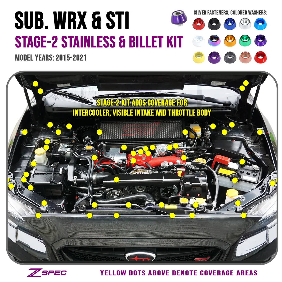 Zspec Stage-2 Dress Up Bolts® Fastener Kit For '15-21 Subaru Wrx & Sti, Stainless & Billet 1