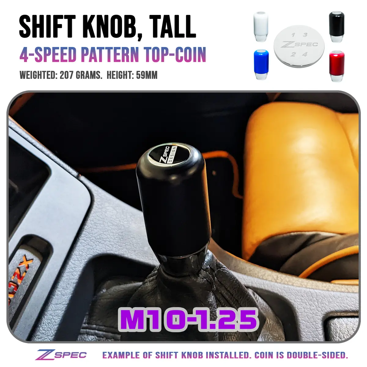 Zspec Shift Knob, M10-1.25, Delrin & Stainless, 207 Grams, 4-Speed Pattern 1