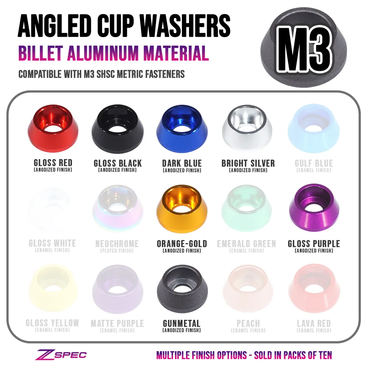 Zspec M3 Angled Cup Finish Washers For Shsc Socket-Cap Fasteners, 10-Pack 1