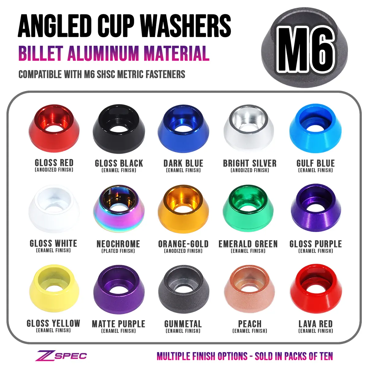 Zspec M6 Angled Cup Finish Washers For Shsc Socket-Cap Fasteners, Billet, 10-Pack 1