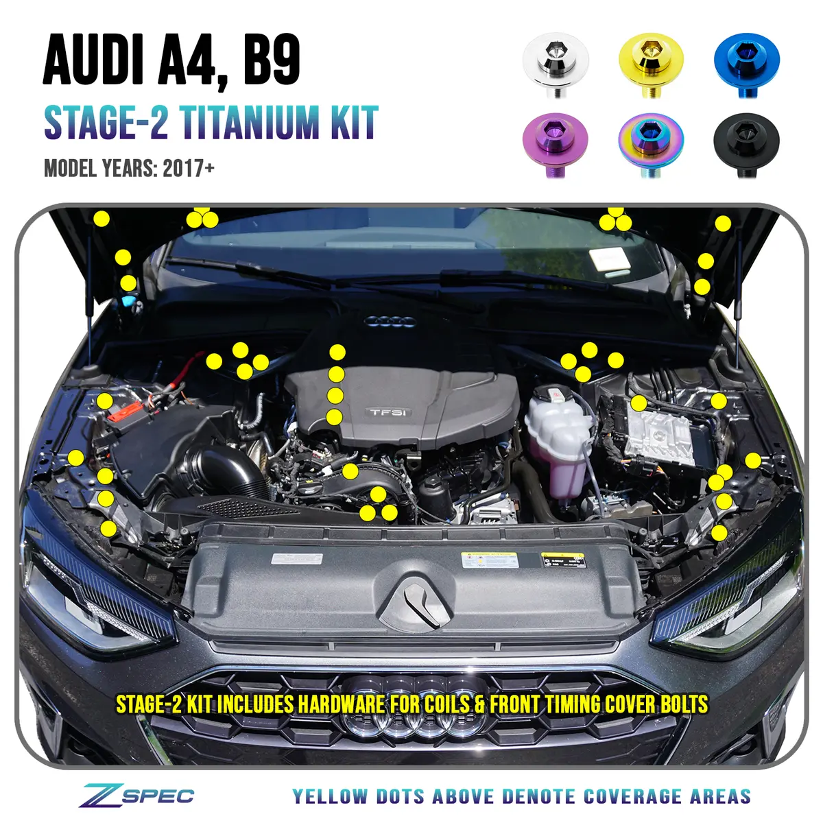 Zspec Stage-2 Dress Up Bolts® Fastener Kit For '16-20 Audi A4 B9 2.0L, Titanium 1