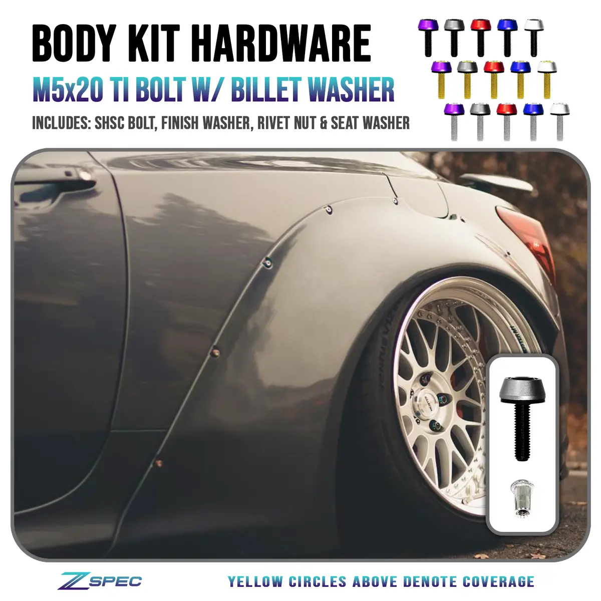 Zspec Body Kit Fastener, M5x20mm Titanium & Billet W/Rivet Nut, Per Each 1