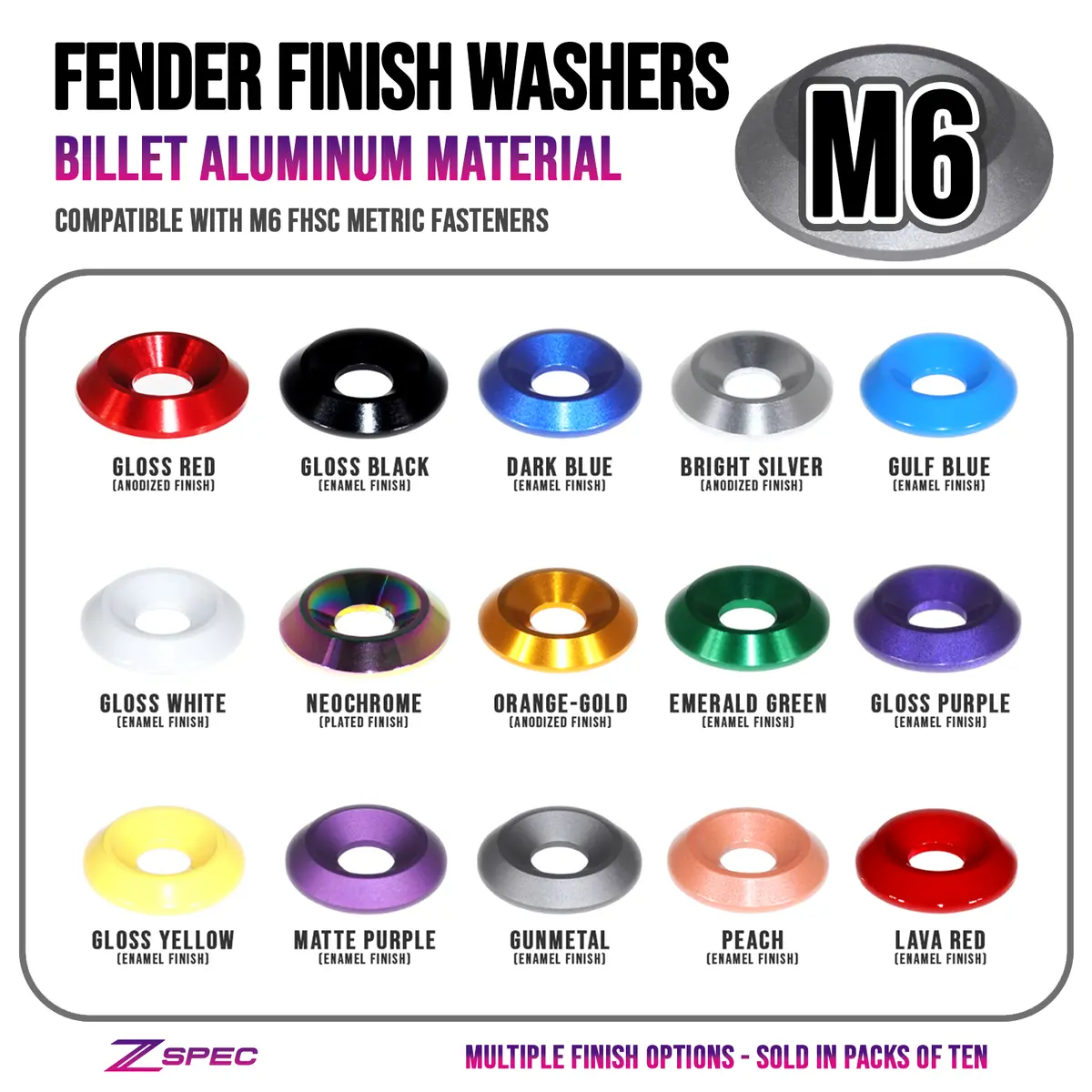 Zspec M6 Billet Dress Up Fender-Finish Washers For Fhsc Fasteners, Billet, 10-Pack 1
