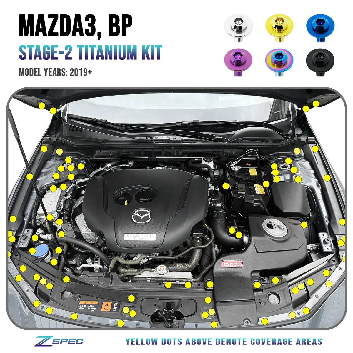 Zspec Stage-2 Dress Up Bolts® Fastener Kit For The '19+ Mazda3 2.5 Turbo Bp, Titanium 1