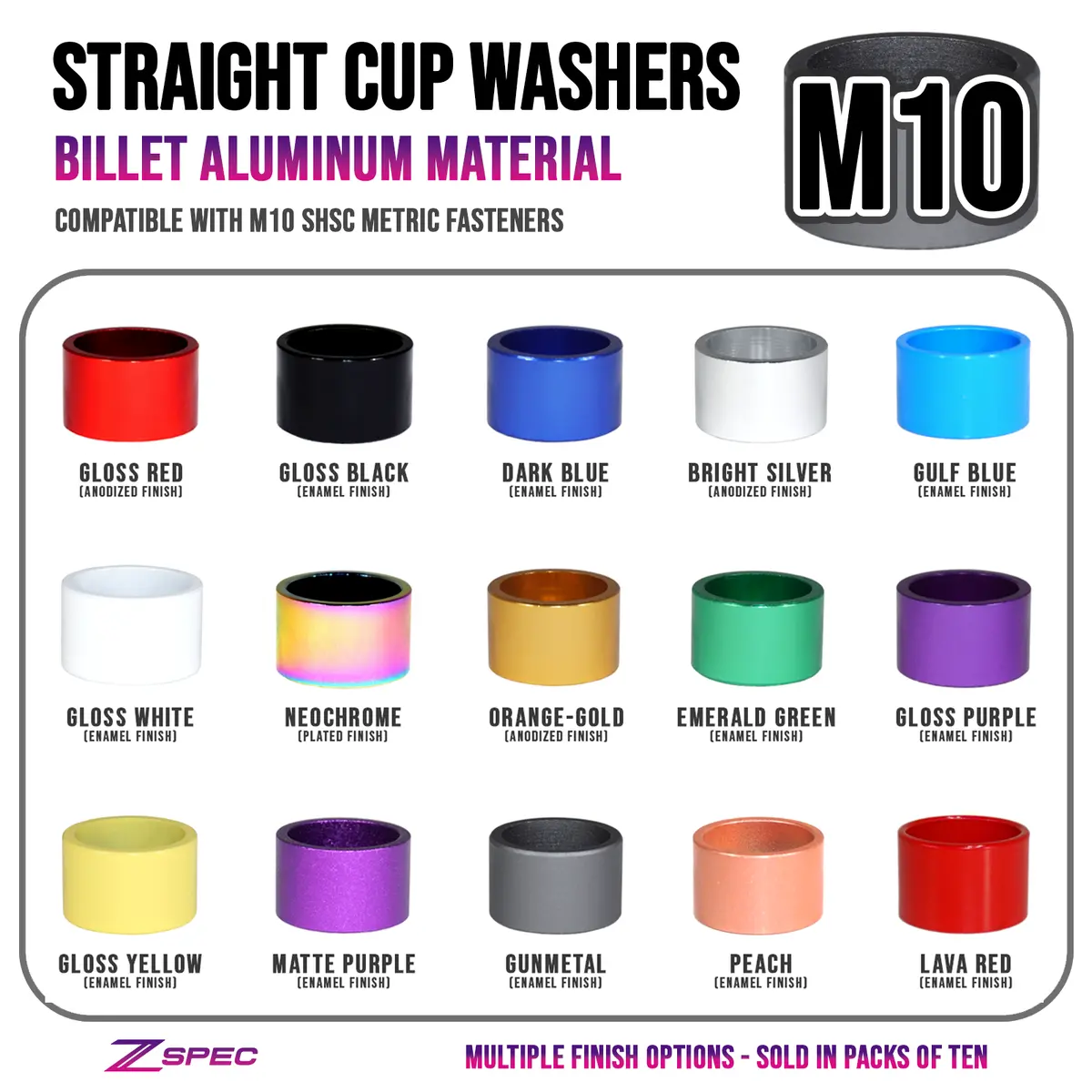 Zspec M10 Straight Cup Finish Washers For Shsc Fasteners, Billet, 10-Pack 1