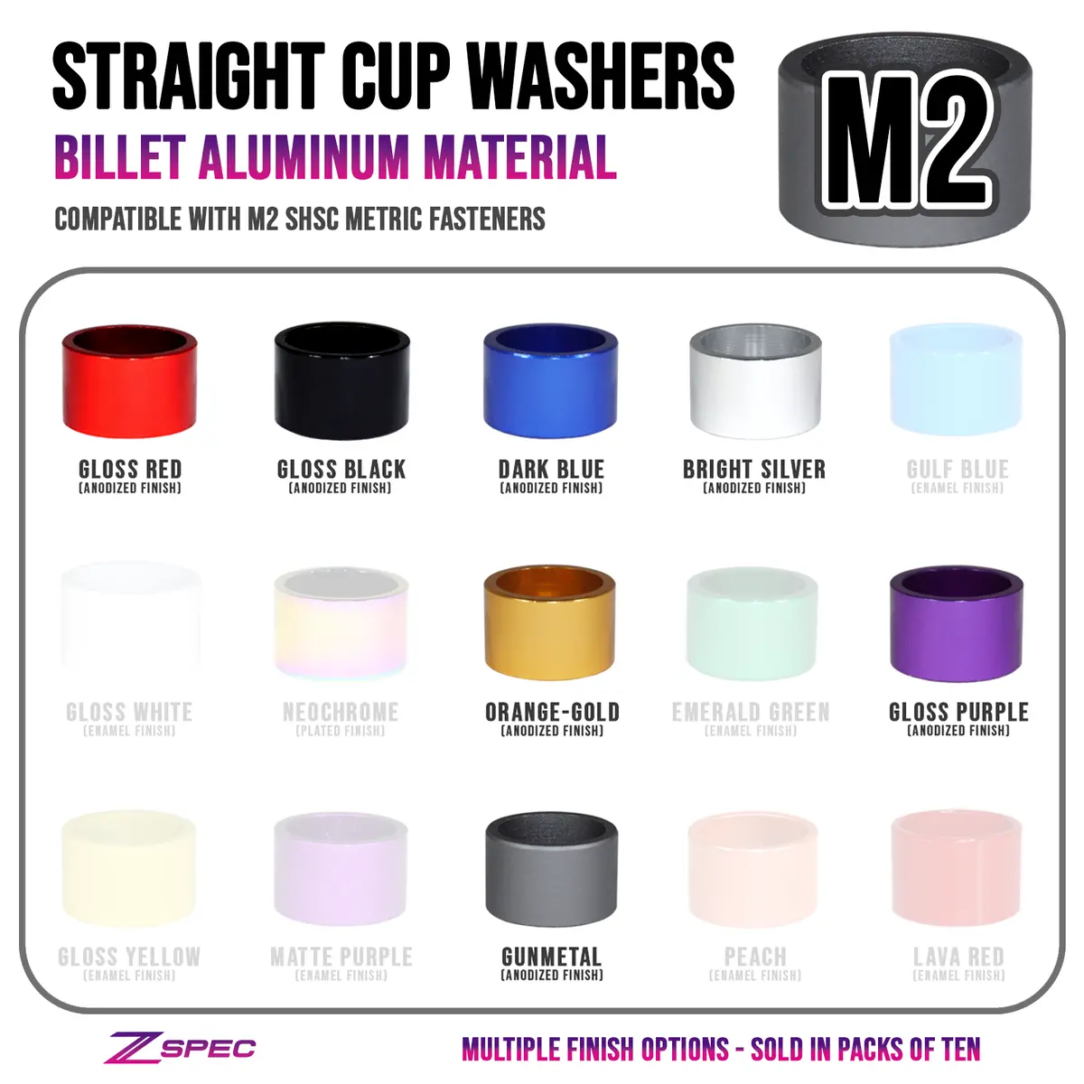 Zspec Billet Straight Cup Finish Washers For M2 Shsc Socket-Cap Fasteners, 10-Pack 1