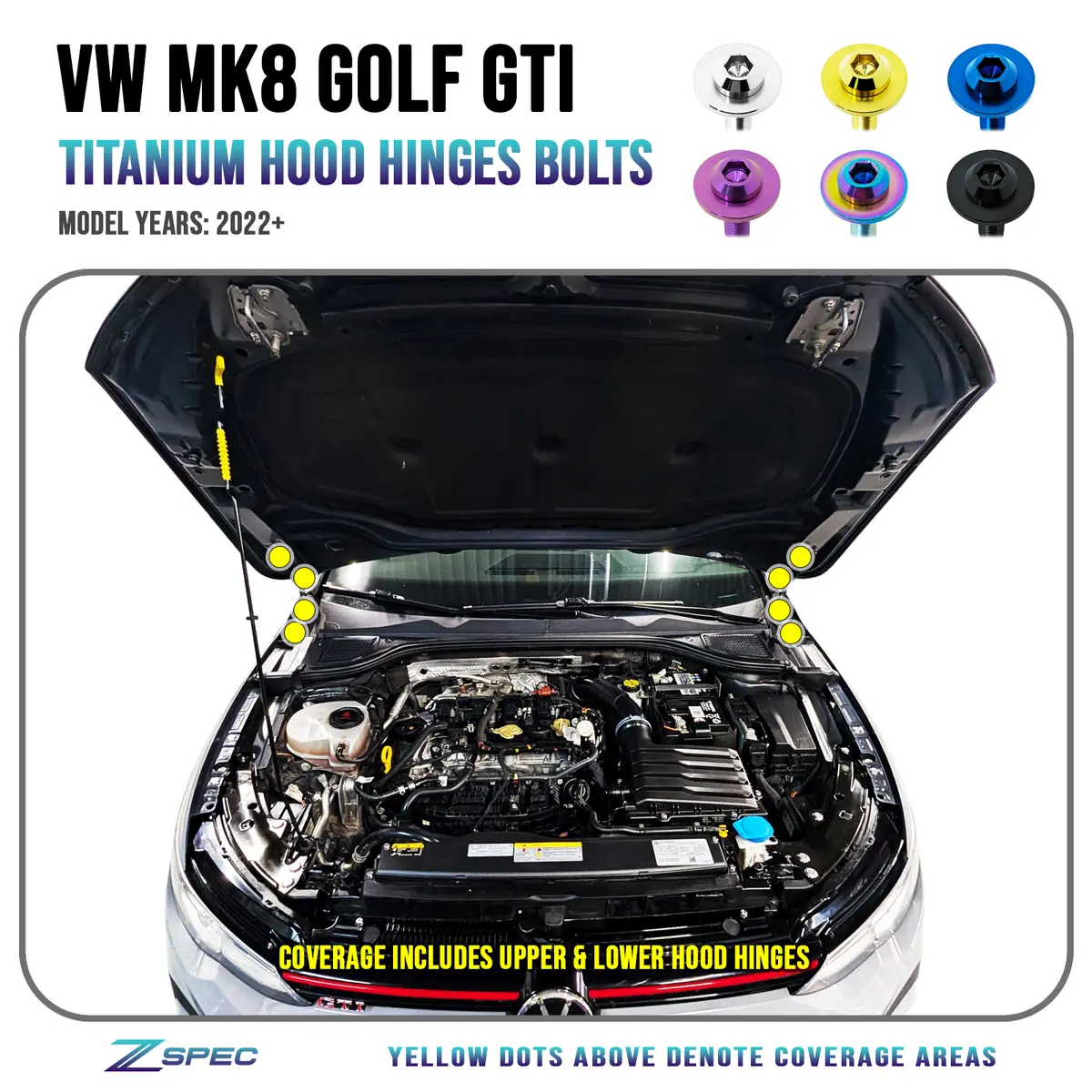 Zspec Hood & Hood Hinges Titanium Hardware Kit For The '22+ Vw Mk8 Golf Gti 1