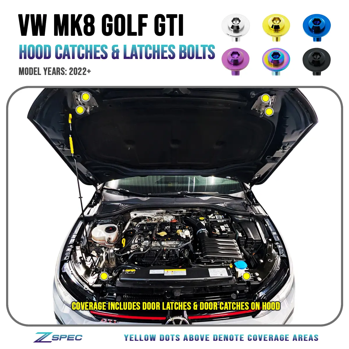 Zspec Hood Catches & Latches Titanium Hardware For The '22+ Vw Mk8 Golf Gti 1