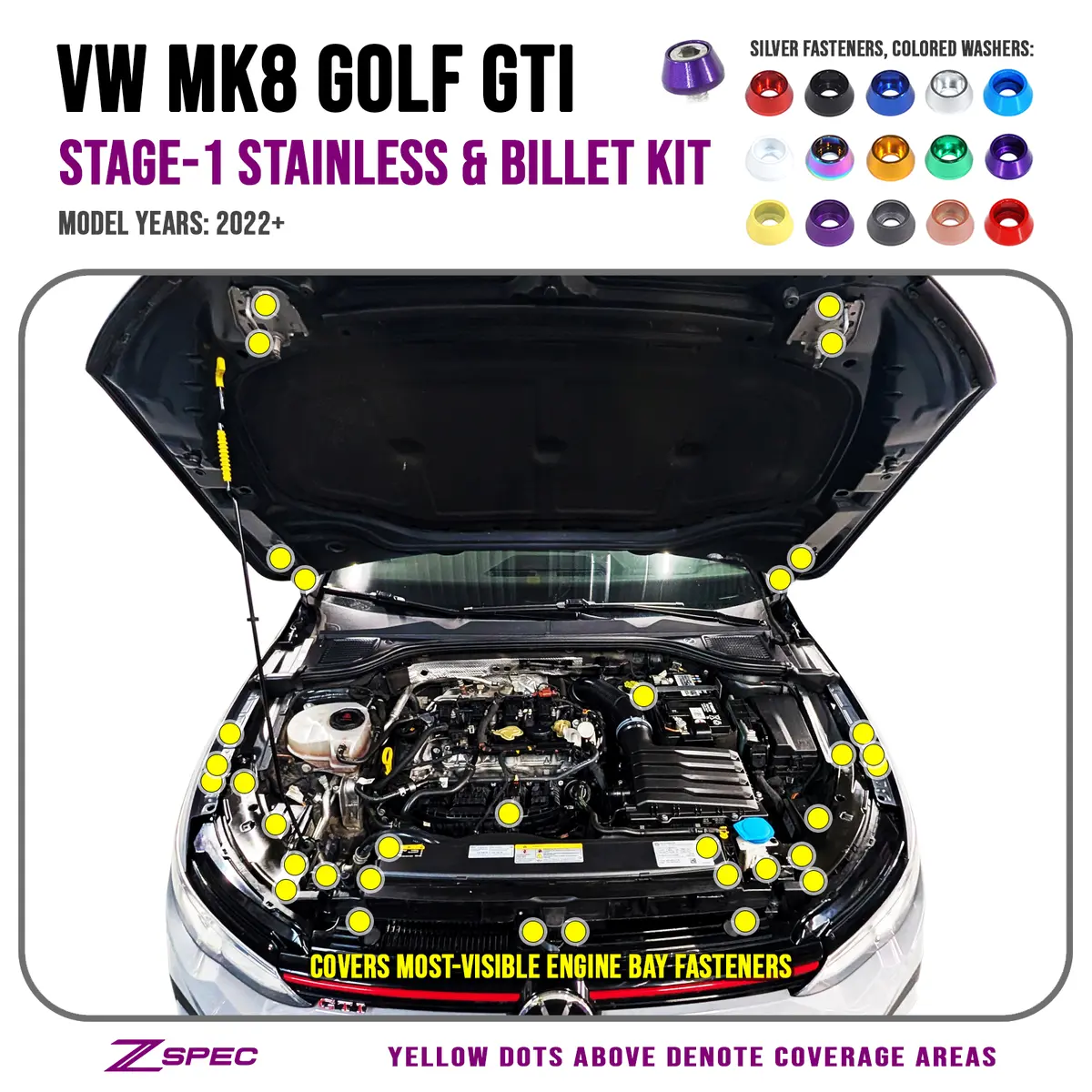 Zspec Stage-1 Dress Up Bolts Stainless & Billet Hardware Kit For 22+ Vw Mk8 Golf Gti 1