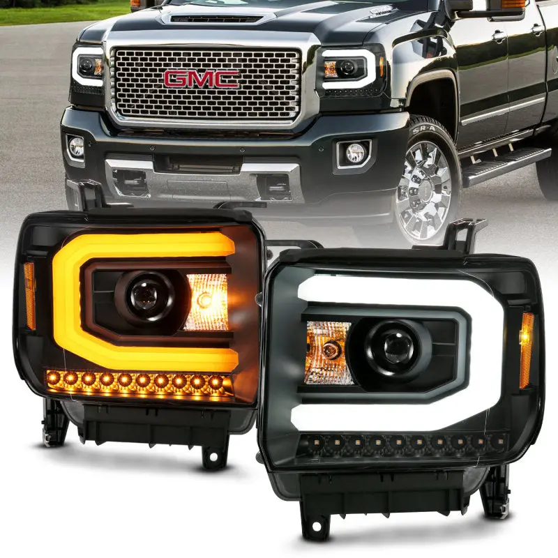 Anzo Projector Headlights For Gmc Sierra – Plank-Style Black Housing With Switchback Functionality, Fits 2014–2015 1500 And 2014–2019 2500Hd (Halogen-Compatible) 1