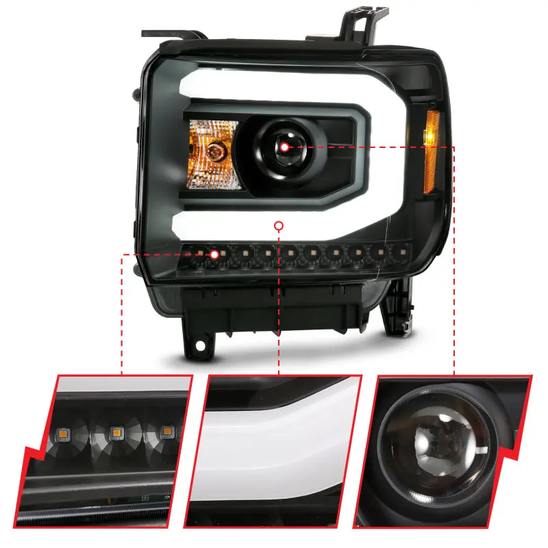 Anzo Projector Headlights For Gmc Sierra – Plank-Style Black Housing With Switchback Functionality, Fits 2014–2015 1500 And 2014–2019 2500Hd (Halogen-Compatible) 2